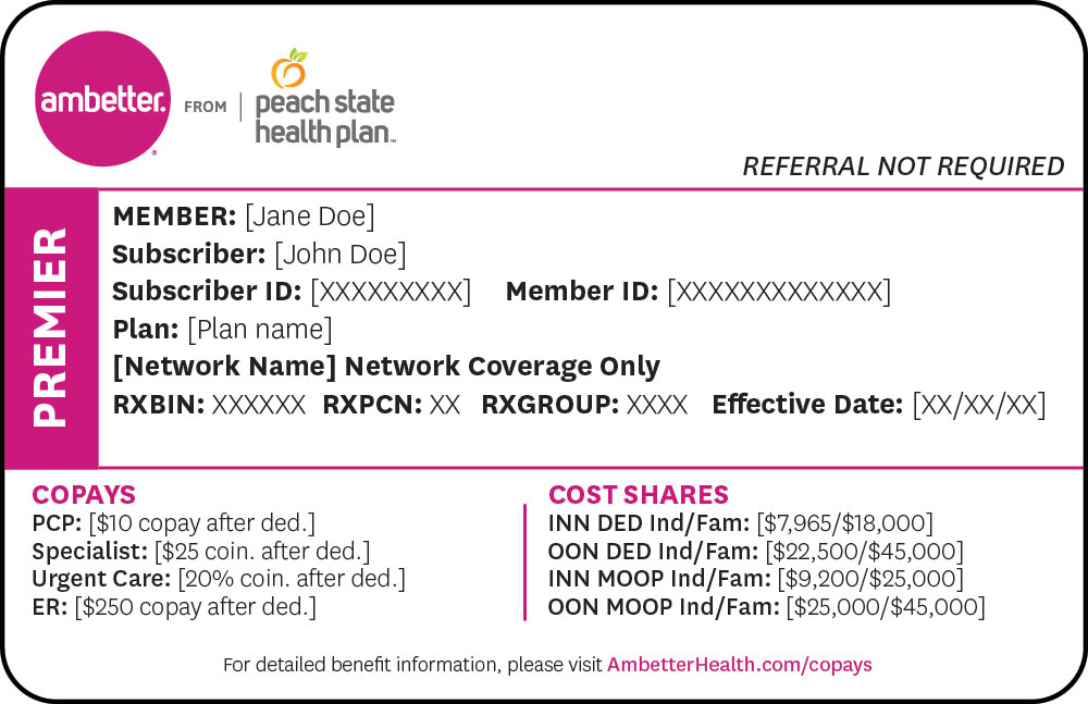 Ambetter from Peach State Health Premier sample ID card