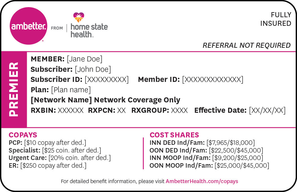 Ambetter from Home State Health Premier member ID card