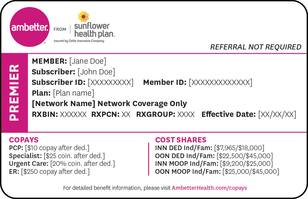 Sample Premier Member ID card Ambetter Sunflower Health Plan