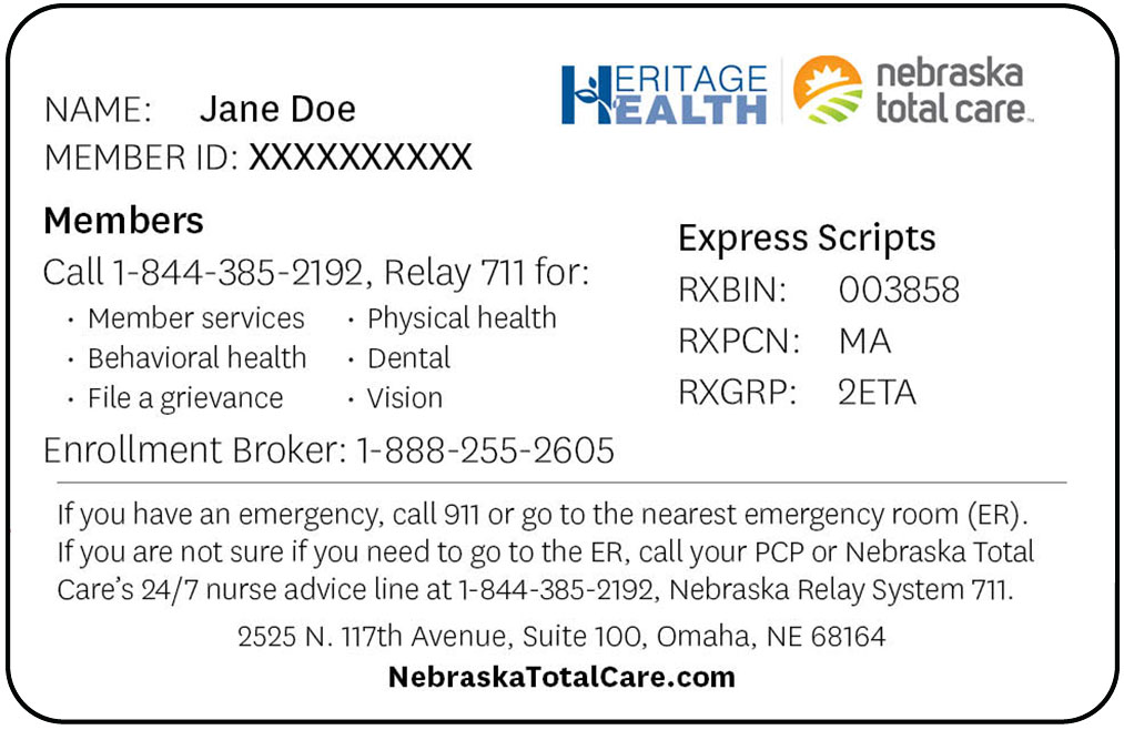 Heritage Health Nebraska Total Care member ID card